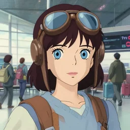 a full body portrait of a 1 9 5 0's aviator disney style girl, blue eyes, finely detailed features, closeup at the faces, perfect art, in the airport yard, gapmoe yandere grimdark, trending on pixiv fanbox, painted by greg rutkowski makoto shinkai takashi takeuchi studio ghibli, akihiko yoshida,