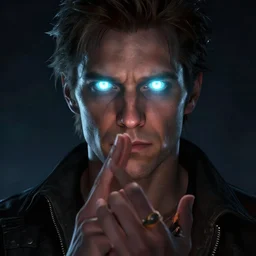a person with glowing eyes making a hand gesture, concept art by zack snyder, cgsociety, symbolism, playstation 5 screenshot, reimagined by industrial light and magic, vray tracing