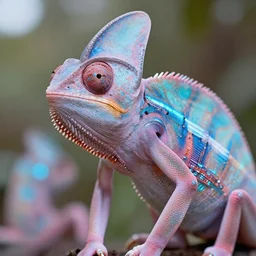 natural light, soft focus portrait of a cyberpunk anthropomorphic chameleon with soft synthetic pink skin, blue bioluminescent plastics, smooth shiny metal, elaborate ornate head piece, piercings, skin textures, by annie leibovitz, paul lehr