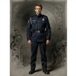 portrait of stoic looking emmanuel macron as in the vigo carpathian painting, full body, police uniform, fantasy, intricate, elegant, beautiful, highly detailed, charcoal, centered, dark, smokey, digital painting, artstation, concept art, smooth, sharp focus, illustration, art by artgerm and greg rutkowski and alphonse mucha