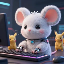high quality 3 d render very cute fluffy cyborg!! mouse plays keyboard, cyberpunk highly detailed, unreal engine cinematic smooth, in the style of blade runner & detective pikachu, hannah yata charlie immer, moody light, low angle, uhd 8 k, sharp focus