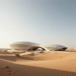 architectural rendering of biophilia building in the desert, biomimetry shape, peaceful
