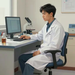 a beautiful artwork of a young male scientist with black hair sitting on a chair at a desk by Jerome Opeña, featured on artstation