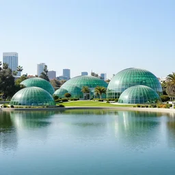 green park in los angeles with green glass domes and a lake in middle with glass buildings far away, sunset, volumetric light view, hyperdetailed, artstation, cgsociety, 8 k