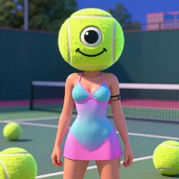 Lofi vaporwave portrait beautiful tennis ball monster diva model, dress, bikini, swimsuit model, tennis ball monster, chalk, Pixar style, Tristan Eaton, Stanley Artgerm, Tom Bagshaw, Basil Gogos