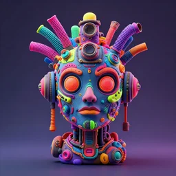a claymodel of a steampunk rococo spaced out futuristic robot head wearing multicolored tubes, 8 k, front shot, symetrical, flourescent colors, halluzinogenic, multicolored, exaggerated detailed, front shot, 3 d render, octane
