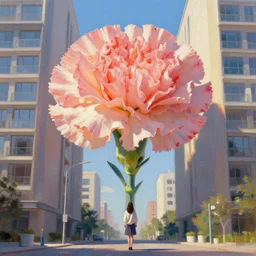 giant carnation flower head, woman in between luxury apartments, surreal photography, sunlight, impressionist painting, digital painting, artstation, simon stalenhag
