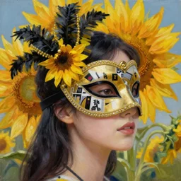 masquerade ball mask, korean audrey hepburn, vogue magazine, elle magazine, robert rauschenberg, greg rutkowski, john singer sargent, trending on artstation, anime, oil painting, side profile portrait, looking right, sunflower, intricate