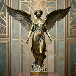 of photo of an art deco style old bronze sculpture of a winged woman against an art deco background
