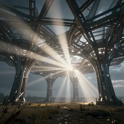futuristic branching and webbed and vaulted steel structure stretching out across the countryside, beautiful dynamic lighting, cinematic, wide angle establishing shot, extremely high detail, photo realistic, cinematic lighting, post processed, concept art, artstation, matte painting, style by eddie mendoza, raphael lacoste, alex ross, volumetric lighting, light rays, photorealistic, ultrarealistic, moody, coronarender, 8k