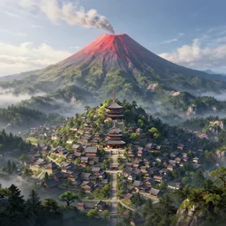 a powerful japanese village high in mountains, fanart artstation global illumination rtx hdr fanart arstation 3 d, volcano, highly detailed, concept art by greg rutkowski, fantastic landscape, sharp, intricate detail, volumetric lighting, ray tracing, 8 k,