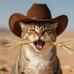 panting of a cat with a cowboy hat and a of straw in his mouth, desert background, coherent composition, artstation