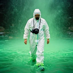 a man in a hazmat suit is walking through a green ectoplasmic slush, hasselblad DSLR, 1600 ISO, 10mm lens, film grain