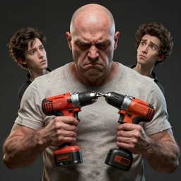 grumpy chunky bald man with electric drills! instead of hands, home wrecked, hyperrealistic digital art masterpiece, highly detailed neo pop surrealism, jason limon kay sage hannah yata, dramatic lighting, low angle, uhd 8 k, sharp focus