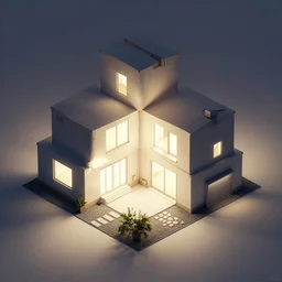 architectural rendering, isometric view, studio lighting, low contrast, brightly lit studio, highly detailed, house, stacked boxes, large windows, courtyard, garage