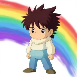 guilt as a ghibli studio character, supernatural, sharpness. clean, rainbow colours