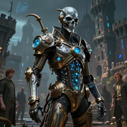 ornate steampunk cyber grim reaper, hyper detailed, bioluminescent, background fortress, digital art, trending in artstation, cinematic lighting, studio quality, octane rendered, art style by ian sprigger and terry gilliam brazil and archan nair, jack kirby and simon bisley, physically based rendering