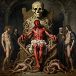 underground!! mummified red jesus christ looking up wearing blindfold!!!!! sitting on a huge!!!! throne of entwined bodies,'massive mummified head looming '!!!! elegant, ominous, highly detailed painting by goya!!! phil hale!! gaston bussiere, craig mullins, michelangelo, 8 k,