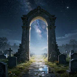 photograph of a portal to heaven in a graveyard, cinematic, tyndall effect, hypermaximalist, detailed, 4k, 8k, breathtaking stars, surrealism, distant, concept art, digital art, sharp focus, reflections, RTX, octane render, Trending on DeviantArt