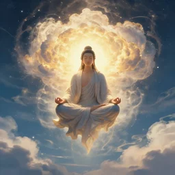 [mind explosion]god floating down from heaven. he is meditating. inspired by meditation. [mind explosion] teleportation