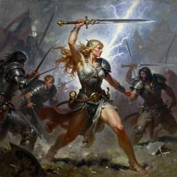A full portrait oil painting of a berserker woman holding a claymore above her head an running into battle, elven armor, by Frank Frazetta, Greg Rutkowski, Boris Vallejo, epic fantasy character art, Exquisite detail, post-processing, low angle, masterpiece, cinematic, lightning