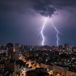 a realistic photo of a city at night with a thunderstorm and several lightnings in the sky, ultra detailled
