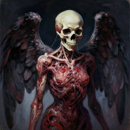 an angel with a skull made of meat and webs for the head, organic painting, dark, bold shapes, by greg rutkowski, by satoshi kon, trending on artstation, dramatic lighting, horror, angelical