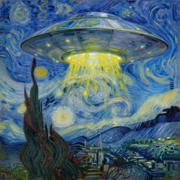 bright beautiful oil painting of flying saucers invade new york city in 2 0 1 9, light scatter, van gogh