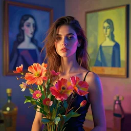 cyberpunk of a woman, beautiful flowers, by picasso and edward hopper, volumetric lighting lumion render