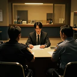tom in a suit is being interrogated by the officer jenkins at the police station, zenith view, warm color palette, night time, dramatic lighting, noir film, fine details, high contrast, blacksad, kim jung gi, greg rutkowski, trending on artstation, 8 k, ultra wide angle