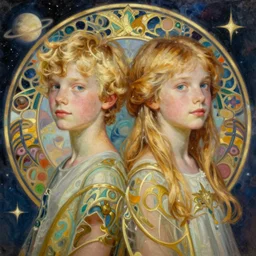 fraternal twins, blond boy and blonde girl, mercury planet imagery, twin teenagers, digital oil painting by artgerm, greg rutkowski, mucha, portrait | art nouveau. d & d. ornate intricate detail, complimentary air tones. sharp edges. clear detailed. 8 k. elegance