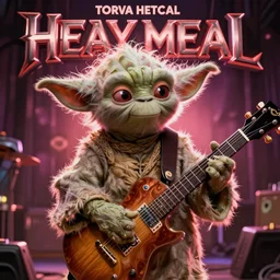 Yoda playing guitar on a heavy metal album cover, 4k