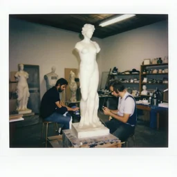 polaroide photo inside of a greek sculpture atelier with artists working, award winning photo, color