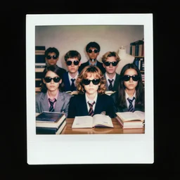 vaporwave abstract 3 d vfx rendering, grainy portrait polaroid film photograph of a schoolbook where everyone is wearing sunglasses and super serious. one of them is a mannequin. super resolution. extremely detailed. just a little weird. polaroid 6 0 0 film. by annie leibovitz and richard avedon