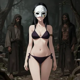 pretty anime girl in bikini in sad byzantine mask, concept art, grim dark fantasy stand infront of poor christian farmer.