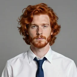 A man with ginger wavy hair in a emo style with a beard and wearing a white collared shirt with a blue tie, portrait, realistic, hyperrealistic, 4k resolution, 8k resolution, HD Quality, highly detailed, very detailed, detailed, studio quality lighting, real life