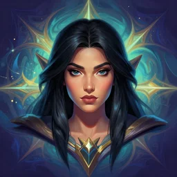 masterpiece head-on symmetrical centered painted portrait, just one head, Maya Ali as a sorcerer, black hair, RPG character avatar, Blizzard Hearthstone concept art, pixar, dreamworks, stylized fractal background, splash comics, global illumination lighting, trending on artstation, by lois van baarle, ilya kuvshinov, rossdraws
