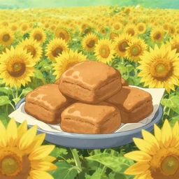 brownies in a sunflower field, in the style of studio ghibli