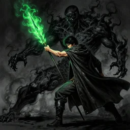a man with a missing an arm holding a spear made of green fire wearing a leather cloak fighting a bad guy made of black smoke, full body, dark colors, sinister atmosphere, dramatic lighting, cinematic, establishing shot, extremely high detail, photo realistic, cinematic lighting, pen and ink, intricate line drawings, by Yoshitaka Amano, Ruan Jia, Kentaro Miura, Artgerm, post processed, concept art, artstation, matte painting, style by eddie mendoza, raphael lacoste, alex ross,