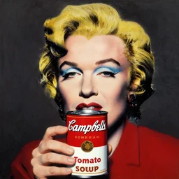 portrait of andy warhol holding a can of campbells tomato soup!!!!!!!!!!!!!!!!!!!!!!!!!!!, detailed face, detailed painting, epic lighting, by ilya repin, phil hale and kent williams