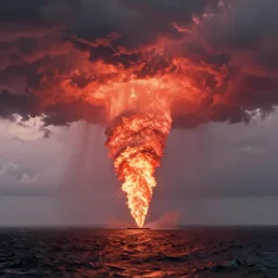 Nice picture. Fire tornado in the open ocean. The stormy sky smoothly turning into the sea. ninth shaft. Fire craving. Soft colors. Crimson tones, Scarlet tones. Octane render. artstation trending. Wow. Desktop wallpaper