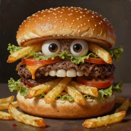 a monster with a hamburger head, made of burgers and french fries, 5 7 9, detailed mouth, detailed eyes, surrealist oil painting, highly detailed, dramatic lighting, hyperrealistic, smooth, artstation, cgsociety, by artgerm, by wlop