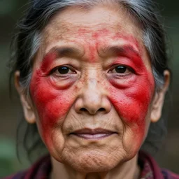 elderly woman with black eyes covered in red paint, photorealistic, award winning, 8k,