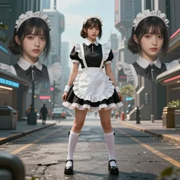 costume design from energy drink designers, sophisticated composition, old masters light composition, procedurally generated, epic maid girl character posing for concept art, futuristic city streets behind her, substance designer, PBR, HD, Ultra detailed, hyperrealistic, megascans, volumetric light, concept by master artist, made in paint tool SAI2, trending pixiv face