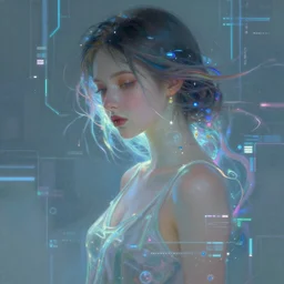 beautiful digital oil cyberpunk style  girl in the style of Arthur Hughes etheral