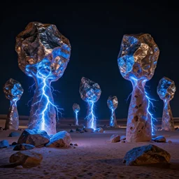 a desert with billions of metallic rocks with electrical blue discharges, many electrical blue arches transmitting between the different rocks, electrical blue sparkles in the ground, moonless night, very black sky, cinematic, high quality, 1 6 k, breathtaking quality, detailed, hyperrealistic, dreamy, fantasy digital art