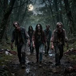 group of zombies passing together on a muddy track surrounded by eery horror woodland, dead bodies around, in weak half moon light, high resolution detailed realistic photo