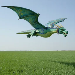 Dragon flying above a green field in style of Van Gogh