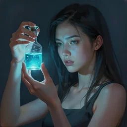 a cyberpunk painting of a beautiful female holding a glass vial of glowing cyan liquid by ross tran, highly detailed, cool lighting, deviantart, thoughtful expression