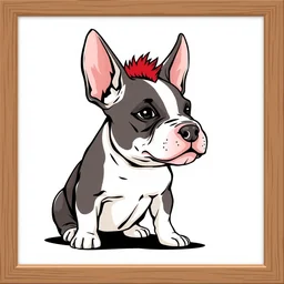 stylized drawing of a bull terrier puppy with a red mohawk, in - frame
